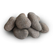 A set of eight smooth, rounded HUUM Stones 24 sauna stones by HUUM, stacked on a white background—perfect for use with HUUM heaters or as olivine sauna stones.