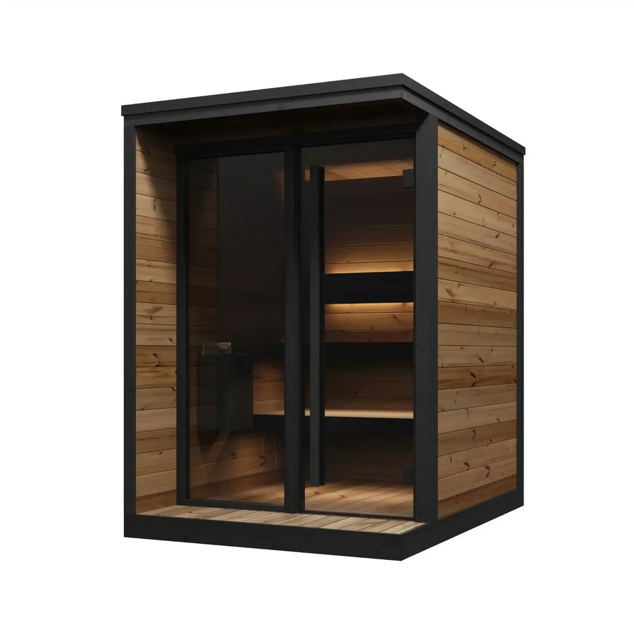 The SaunaLife Model GL4 4 Person Garden Luxury Series Outdoor Sauna Kit features modern Scandinavian design with Thermo-Spruce, dark metal accents, a glass front door, and wooden benches. Shown on a white background.