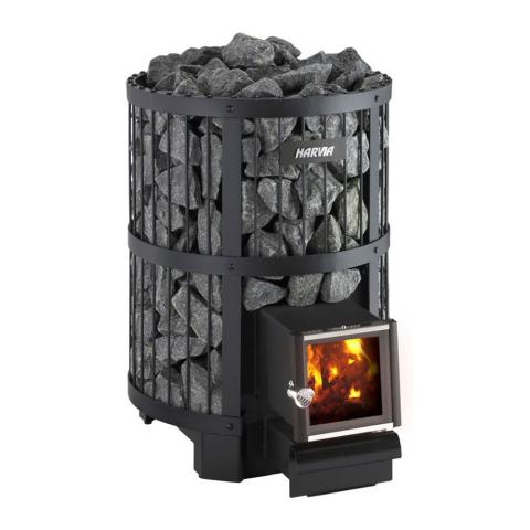 The Harvia Legend 240 SL Sauna Stove by Harvia is a black wood-fired heater with stone fill, a metal grate design, and a front glass door showing visible flames. The HARVIA logo appears on this stylish sauna stove.