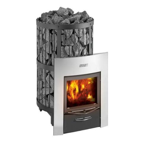 The Harvia Legend 240 Duo Wood Burning Sauna Stove by Harvia features a metal frame with large stones, a glass-fronted door displaying the fire, and a silver front panel with a handle for convenience.