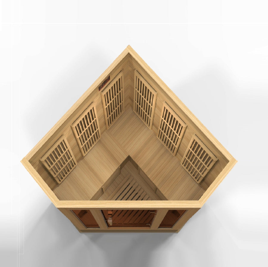 Top-down view of the Golden Designs Maxxus 3 Person Low EMF FAR Corner Infrared Sauna, featuring light Canadian hemlock wood paneling, slatted benches, a glass door entry, and a modern design.