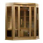 The Golden Designs Maxxus 3 Person Low EMF FAR Corner Infrared Sauna, made from Canadian hemlock with glass doors, bench seating, and visible wall heaters, is designed for indoor use.