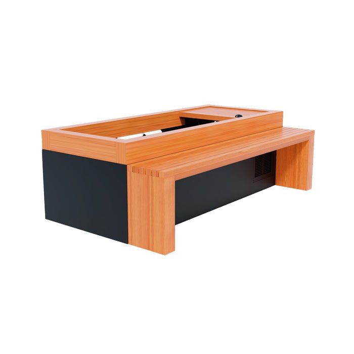 The Medical Saunas Frozen 2 Cold Plunge is a modern rectangular wooden bench with a black base and center cutout, perfect for cold plunge or cold water therapy, shown on a white background.