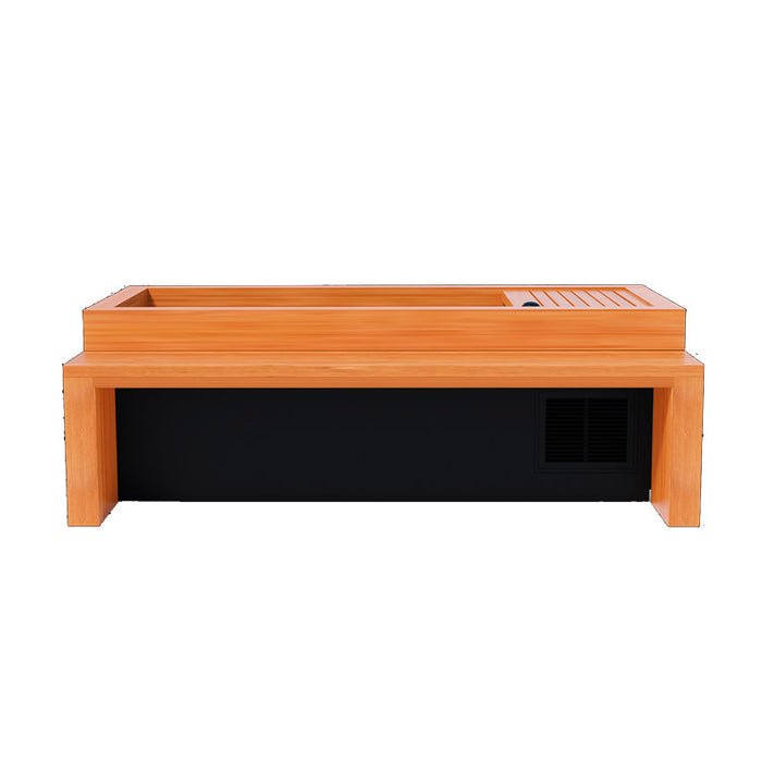 The Medical Saunas Frozen 2 Cold Plunge is a modern, rectangular wooden table with a black base, built-in vent, and sectioned surfaceāideal for indoor multifunctional use or as an accessory station for cold plunge therapy.