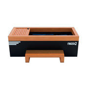 The Medical Sauna - Frozen 2 Cold Plunge by Medical Saunas is a rectangular black and wooden ice bath tub with a matching step and a sliding wooden cover partially open to reveal the refreshing cold water inside.