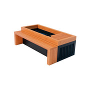 A modern rectangular planter with wooden benches and a black baseāideal for relaxing after your Medical Sauna - Frozen 2 Cold Plunge by Medical Saunas cold water therapy session.