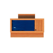 The Medical Saunas Frozen 2 Cold Plunge is a rectangular wooden cold water therapy tub with deep blue water, a small round control knob, and a slatted wooden cover on the right, shown from above against a white background.