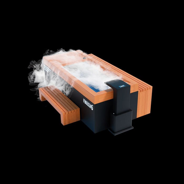 The Medical Saunas Frozen 6 Cold Plunge is a modern wooden cold plunge tub with a built-in step and digital control unit, emitting mist or vapor against a solid black background.