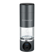 The MitoHYDRO™ Ultra Premium Hydrogen Water Bottle by Mito Red Light is a sleek black portable bottle, swirling antioxidant-rich water inside, and features a digital display at the bottom showing the time “4:23.”.