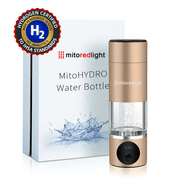 A metallic gold MitoHYDRO™ Ultra Premium Hydrogen Water Bottle by Mito Red Light stands before its box, featuring a water splash design and a hydrogen certified badge in the top left corner.