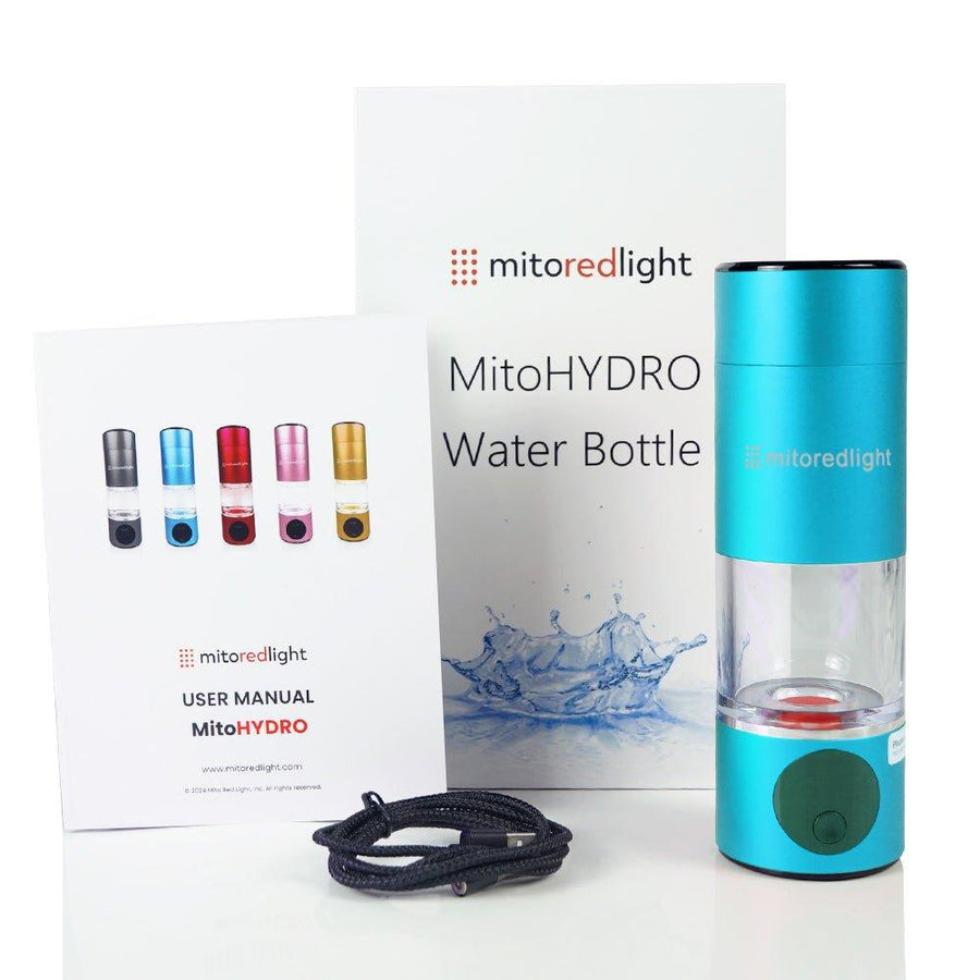 A MitoHYDRO™ Ultra Premium Hydrogen Water Bottle by Mito Red Light stands upright beside its box, a user manual displaying color choices, and a black cord, all on a white surface—enjoy antioxidant-rich water with every sip.
