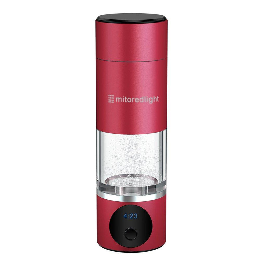 The MitoHYDRO™ Ultra Premium Hydrogen Water Bottle by Mito Red Light features red and clear design, antioxidant-rich hydrogen water, and a digital display near the base showing “4:23”.