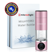 A pink MitoHYDRO™ Ultra Premium Hydrogen Water Bottle by Mito Red Light sits in front of its white box, which displays the logo, product name, a splash of water graphic, and a Hydrogen Certified badge.