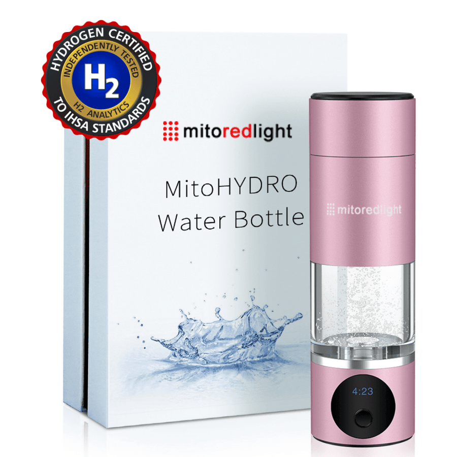 A pink MitoHYDRO™ Ultra Premium Hydrogen Water Bottle by Mito Red Light sits in front of its white box, which displays the logo, product name, a splash of water graphic, and a Hydrogen Certified badge.