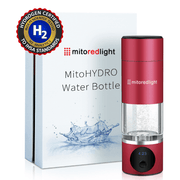 A red MitoHYDRO™ Ultra Premium Hydrogen Water Bottle by Mito Red Light stands before its box, featuring the brand name and water splash graphic. An antioxidant-rich hydrogen water certification badge is shown in the top left corner.