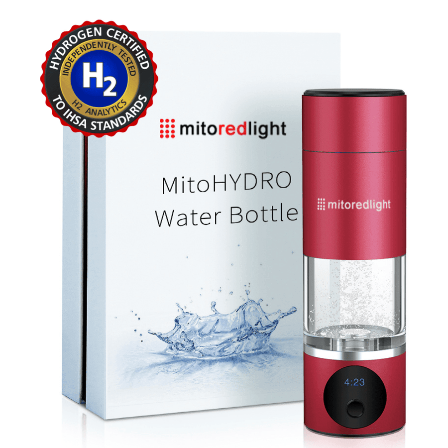 A red MitoHYDRO™ Ultra Premium Hydrogen Water Bottle by Mito Red Light stands before its box, featuring the brand name and water splash graphic. An antioxidant-rich hydrogen water certification badge is shown in the top left corner.