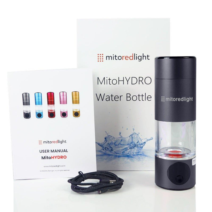 The MitoHYDRO™ Ultra Premium Hydrogen Water Bottle by Mito Red Light comes with a black bottle for antioxidant-rich water, user manual, splash design box, and carrying strap—all shown on a white surface.