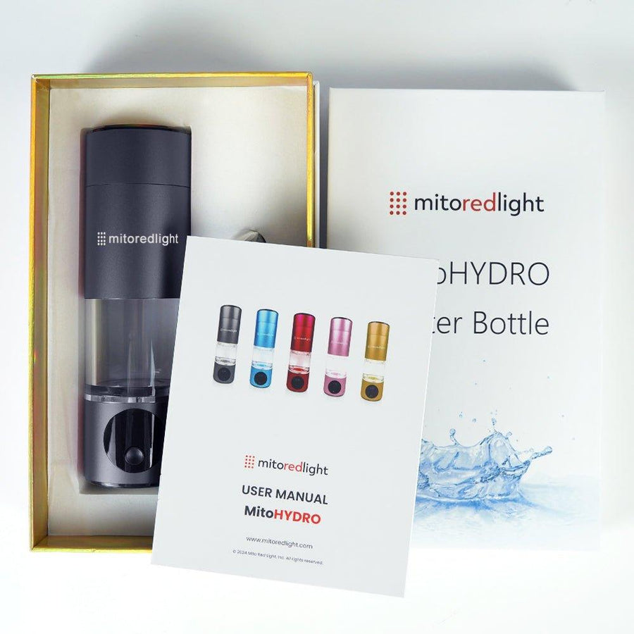 The MitoHYDRO™ Ultra Premium Hydrogen Water Bottle by Mito Red Light comes in an open box with the bottle, a white illustrated manual showing five colors, and packaging—all organized for easy access to antioxidant-rich water at home.