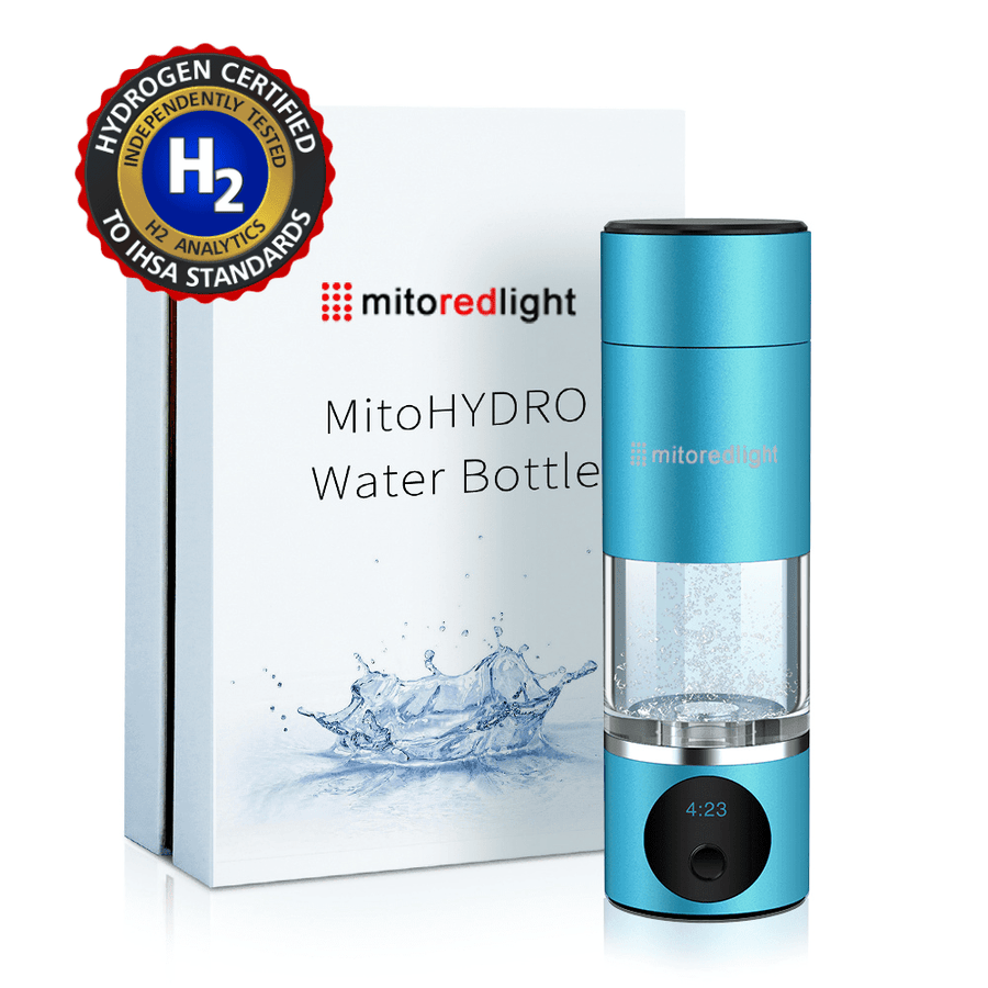 A blue MitoHYDRO™ Ultra Premium Hydrogen Water Bottle by Mito Red Light stands by its box with a water splash graphic and a “Hydrogen Certified” H2 badge in the top left, emphasizing antioxidant-rich water benefits.
