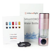 The MitoHYDRO™ Ultra Premium Hydrogen Water Bottle by Mito Red Light is shown in pink with a black charging cord, user manual, and branded box featuring a water splash design, all displayed on a white background.