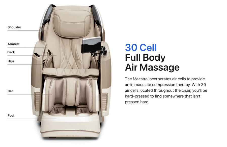 Osaki 4D Maestro LE 2.0 Massage Chair featuring a touchscreen control panel, heated rollers, and intelligent voice control.