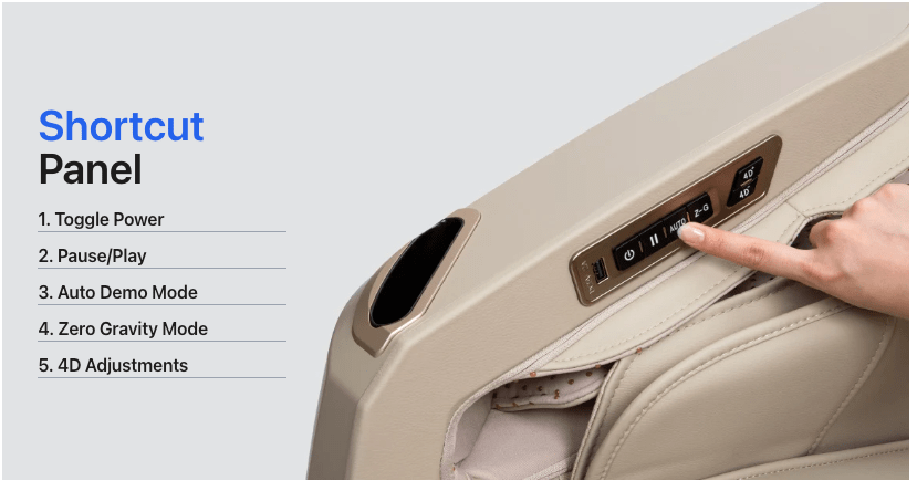 A person interacts with the Osaki 4D Maestro LE 2.0 Massage Chair, showcasing its touchscreen control and advanced features.
