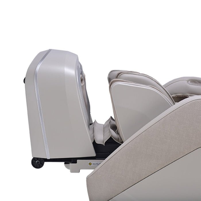 The Osaki 4D Manhattan Duo Mech massage chair by Osaki, in beige and light gray, features AI massage technology and is shown reclined in zero gravity mode with extended leg and footrests against a plain white background.