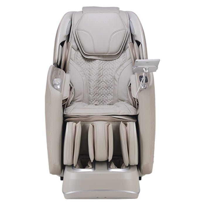 The Osaki 4D Manhattan Duo Mech by Osaki is a beige, modern massage chair with padded armrests, leg rests, and a mounted tablet holder. It features zero gravity reclining and is shown front-facing on a white background.
