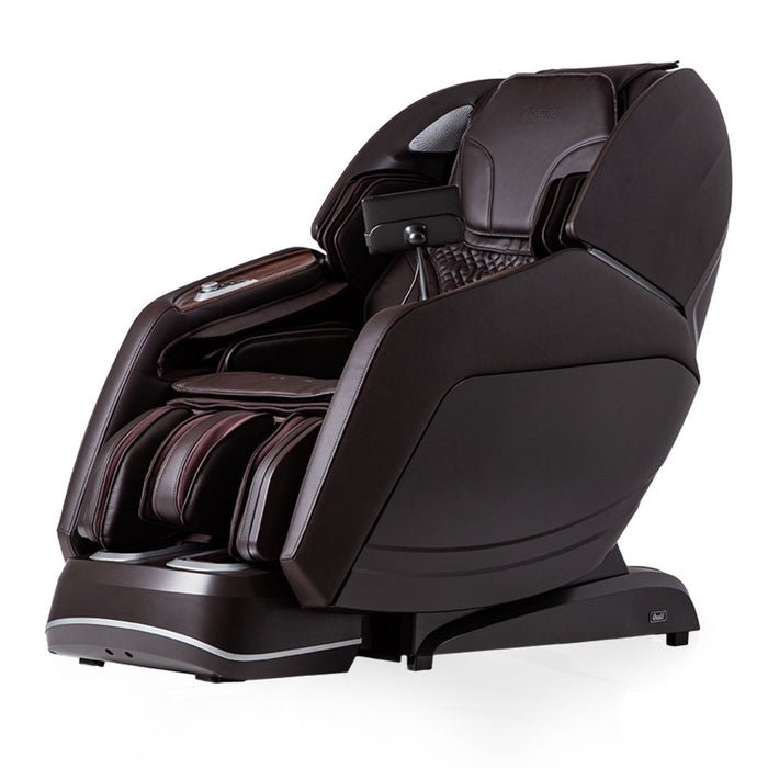 The Osaki 4D Manhattan Duo Mech by Osaki is a modern, dark brown massage chair featuring padded armrests, leg supports, built-in controls, and zero gravity reclining for full-body relaxation and maximum comfort.