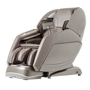 The Osaki 4D Manhattan Duo Mech massage chair by Osaki offers sleek brown design, padded cushions, footrests, a built-in control panel, and zero gravity reclining for full-body comfort and relaxation.