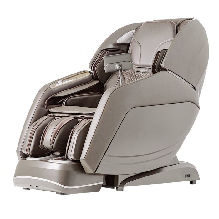 The Osaki 4D Manhattan Duo Mech massage chair by Osaki offers sleek brown design, padded cushions, footrests, a built-in control panel, and zero gravity reclining for full-body comfort and relaxation.