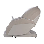 The Osaki 4D Manhattan Duo Mech massage chair by Osaki is shown in side profile on a white background, featuring a modern beige and gray design, ergonomic cushioning, an armrest control panel, and advanced AI massage technology.
