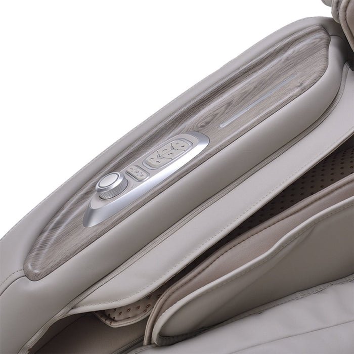 Close-up of the Osaki 4D Manhattan Duo Mech massage chair’s beige, cushioned armrest with a built-in control panel and dial set in wood-textured trim, showcasing Osaki's advanced AI massage technology for ultimate comfort.