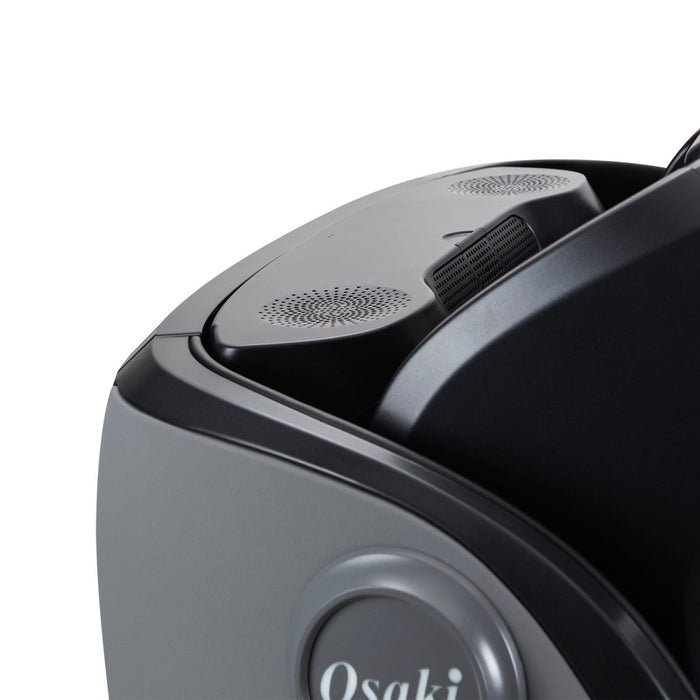 Close-up of the Osaki OP-4D Master massage chair, highlighting advanced 4D massage mechanism and integrated Bluetooth speakers.