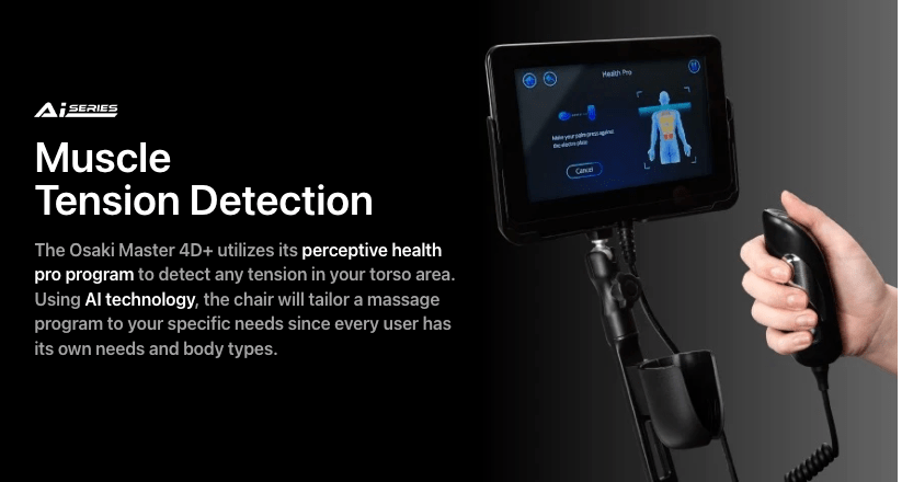 Hand holding touchscreen controller for Osaki OP-4D Master massage chair, highlighting advanced features like muscle tension detection and zero gravity positioning.
