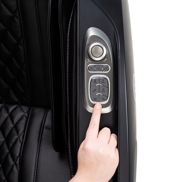 A person pressing a button on the Osaki OP-4D Master massage chair’s control panel.