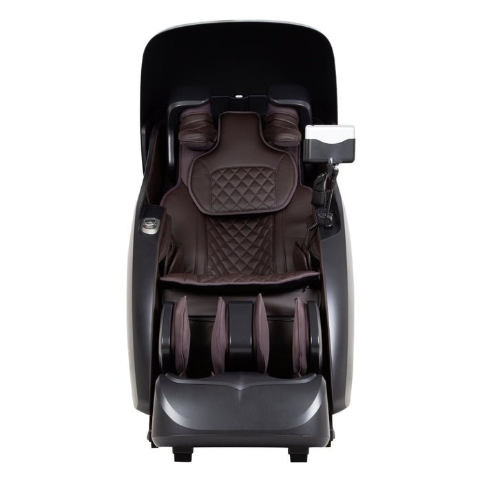 The Osaki OP-Ai Xrest 4D+ Massage Chair by Osaki, in black and brown, features a reclining back, cushioned seat, leg supports, overhead hood, and Ai Series Technology control panel, shown from the front.