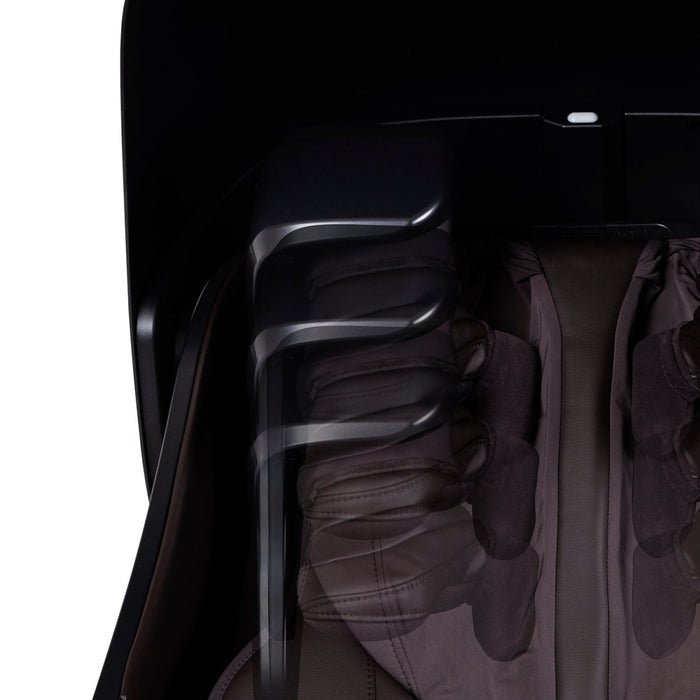 The Osaki OP-Ai Xrest 4D+ Massage Chair combines advanced Ai Series Technology and robotic arms for lifelike massages, with brown upholstery contrasted by moving components under a sleek black hood.