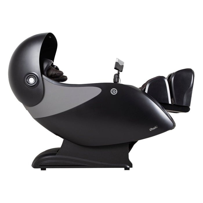 The Osaki OP-Ai Xrest 4D+ Massage Chair by Osaki, shown reclined, features a modern black design with dome head cover, foot rests, built-in control panel, and advanced Ai Series Technology for immersive relaxation.