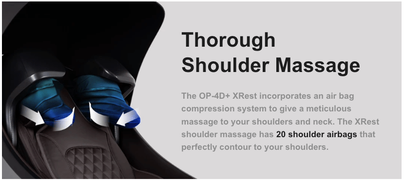 The Osaki OP-Ai Xrest 4D+ Massage Chair by Osaki features blue airbag cushions on the shoulders, delivering a precise and comfortable massage with 20 airbags and advanced Ai Series Technology.