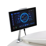 Osaki OS-Pro 4D DuoMax Massage Chair with a computer screen displaying a blue circle and a white wireless router visible.
