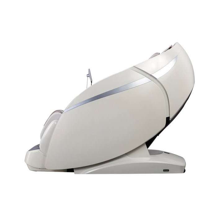 Alt text: Osaki OS-Pro 4D DuoMax Massage Chair with silver trim, featuring intelligent sensors, 4D+3D massage mechanism, and voice control.