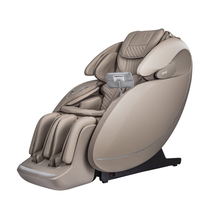 The Osaki Platinum Solis 4D+ Massage Chair by Osaki offers padded arm, leg, and head supports, a built-in armrest control panel, and advanced 4D massage technology for a relaxing full-body stretch in a modern beige design.