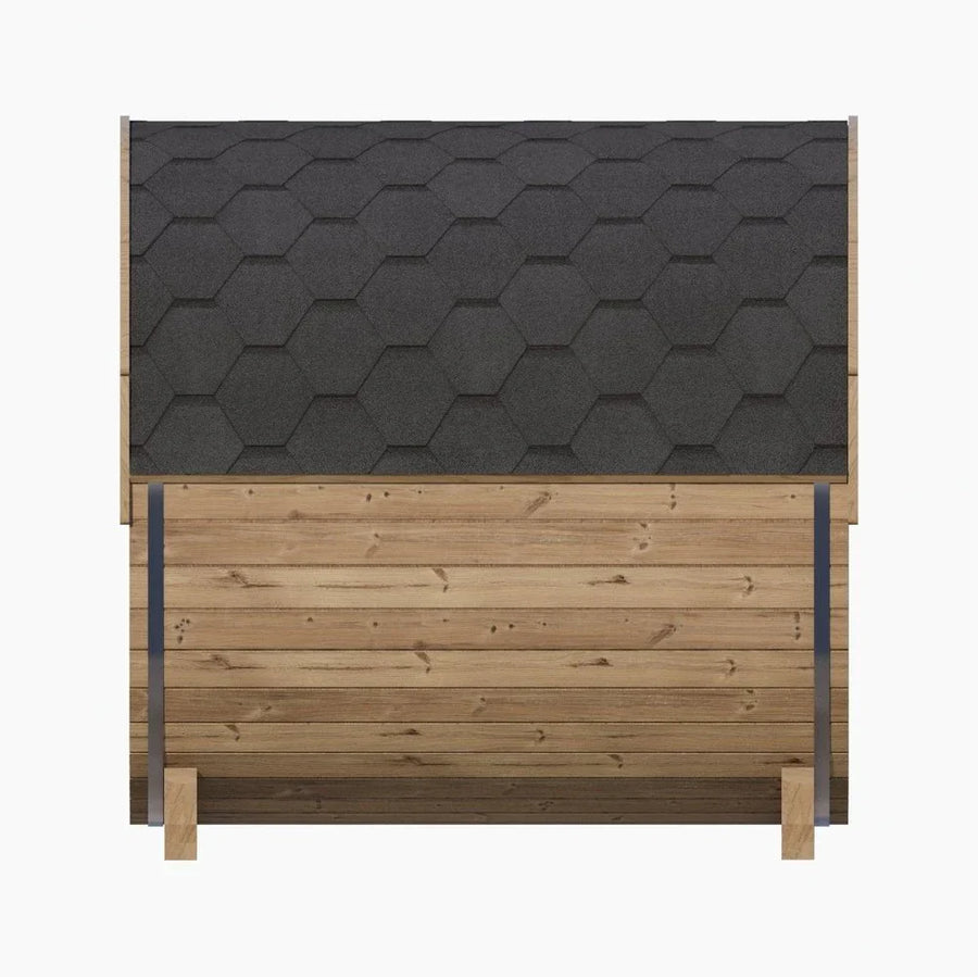 The SaunaLife Model E7W 4 Person Sauna Barrel-Window by SaunaLife features a wooden front with horizontal planks, short barrel sauna-style legs, and a slanted roof topped with dark hexagonal shingles.