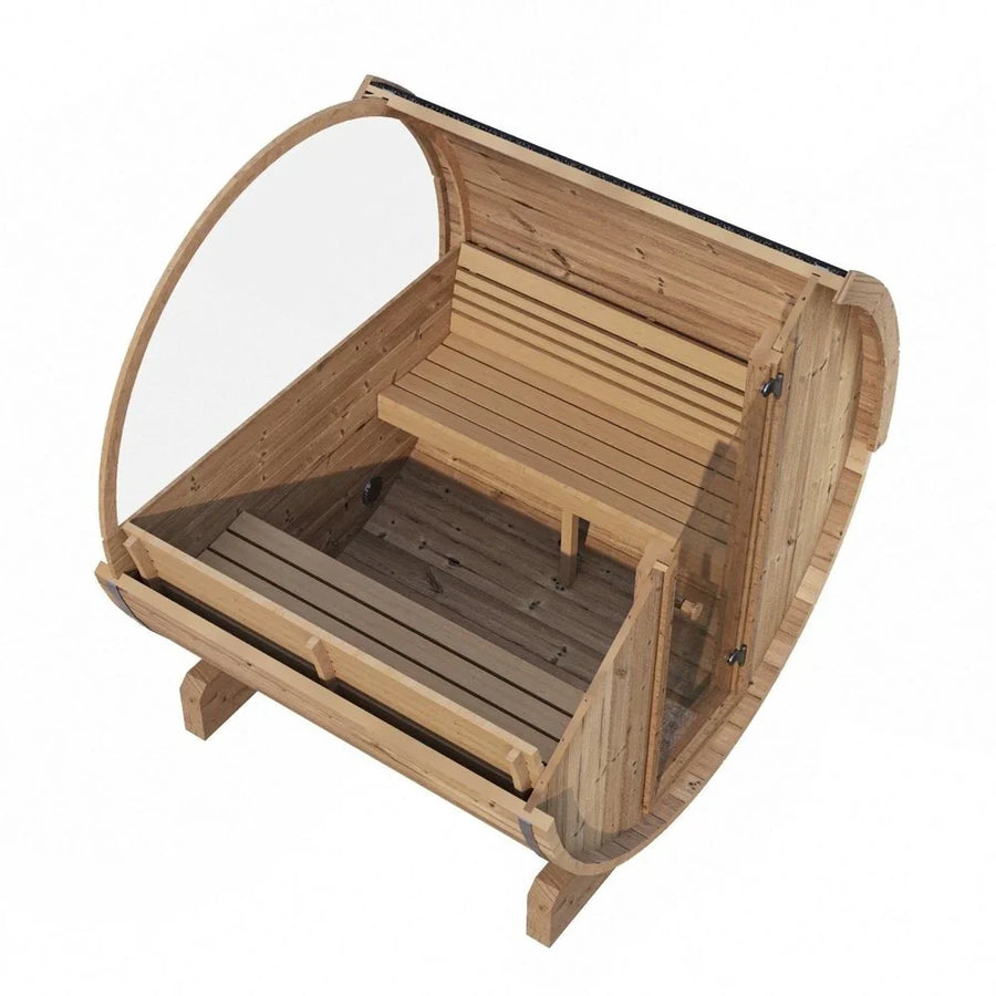 The SaunaLife Model E7W 4 Person Sauna Barrel-Window by SaunaLife features a circular frame, two opposing benches, open sides, and a clear back panel—an outdoor seating design inspired by sauna barrels.