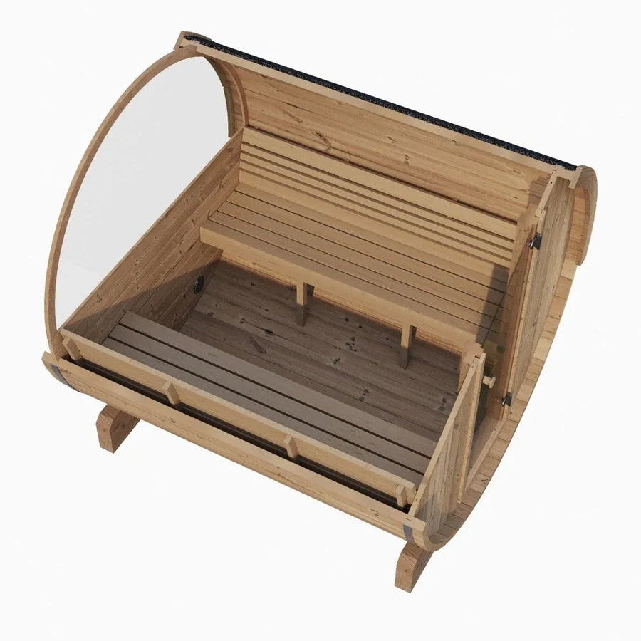 The SaunaLife Model E8W 6 Person Sauna Barrel-Window features a wood barrel design with benches and a curved transparent front. Made from Thermo-Spruce planks, its open side offers comfort and elegance to any outdoor space.