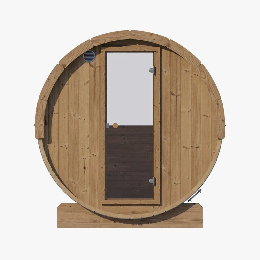 The SaunaLife Model E8W 6 Person Sauna Barrel-Window, crafted from Thermo-Spruce with a central glass door, is displayed front-facing on a plain white background—an inviting outdoor sauna by SaunaLife.