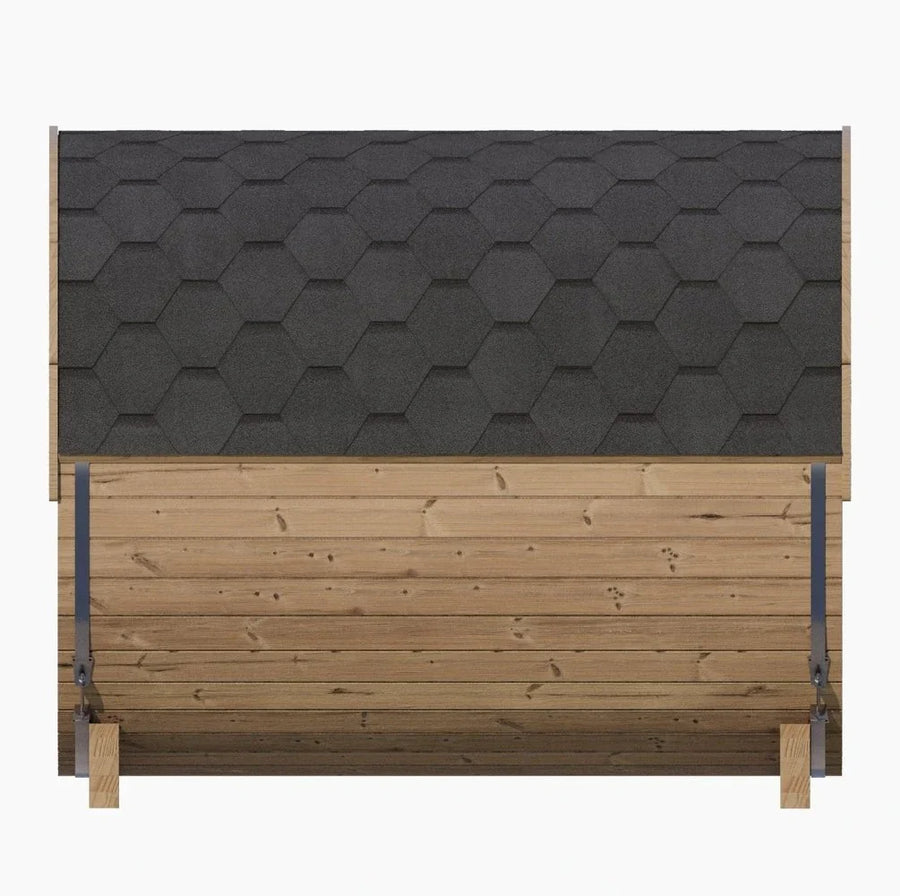 The SaunaLife Model E8W 6 Person Sauna Barrel-Window by SaunaLife features a wooden build with horizontally arranged panels, a slanted dark gray hexagonal shingle roof, and sturdy metal-bracketed vertical supports. Shown on a plain white background.
