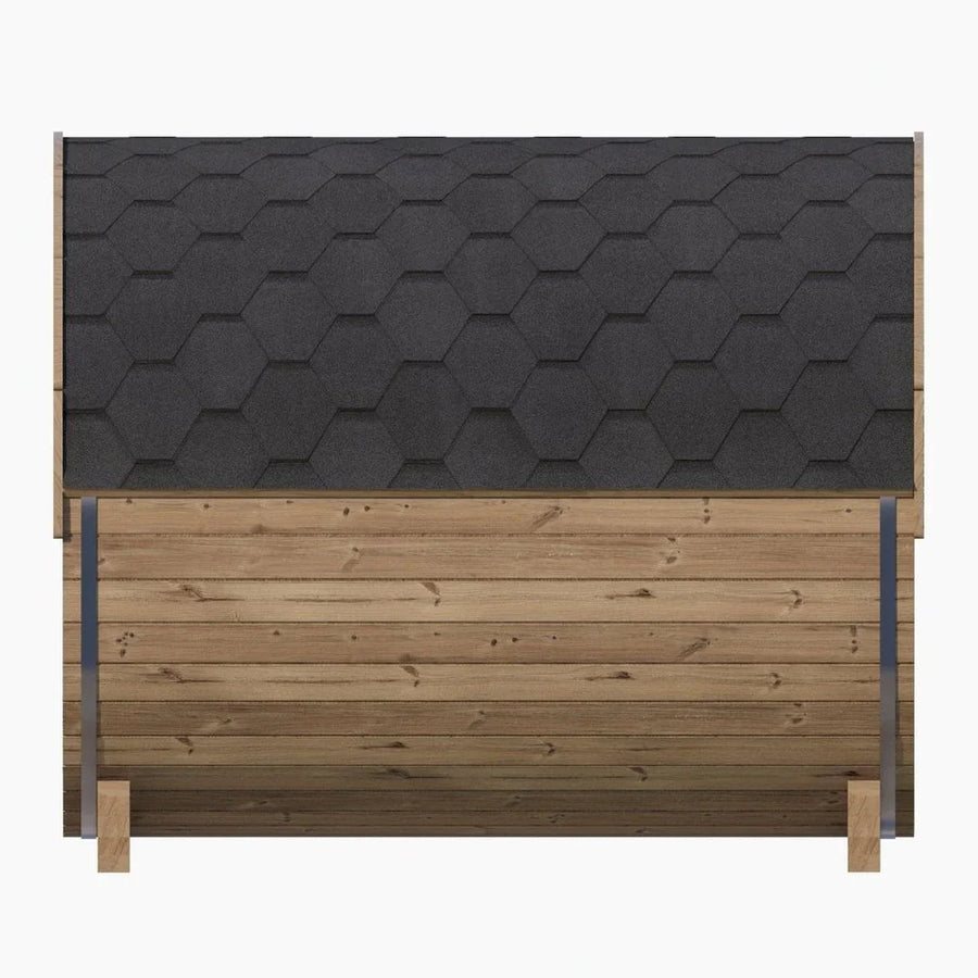 The SaunaLife Model E8W 6 Person Sauna Barrel-Window by SaunaLife features a slanted roof with dark hexagonal shingles and horizontal wooden plank walls, offering the classic look of a sauna barrel in durable thermo-spruce.