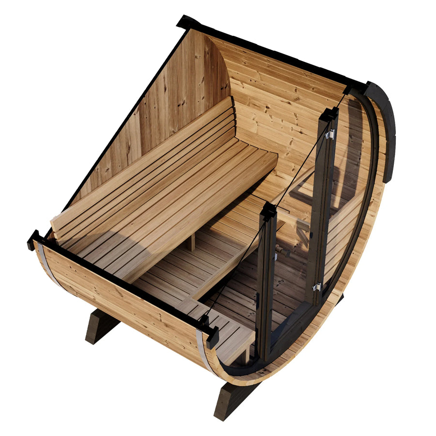 The SaunaLife Model EE6G 4 Person Barrel Sauna features a curved glass front, wooden benches, and black metal accents—offering a stylish, modern addition to your home from premium brand SaunaLife.